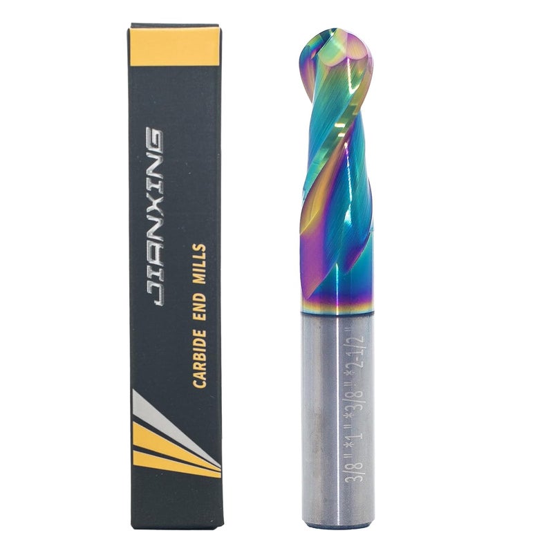 JIANXING 3/8" DLC Coated 2-Flute Carbide Ball Nose End Mill, Ideal for Aluminum, Copper Alloys, and Plastic Machining – High Precision & Wear-Resistant Cutting Tool (1 Pieces) - Image 1